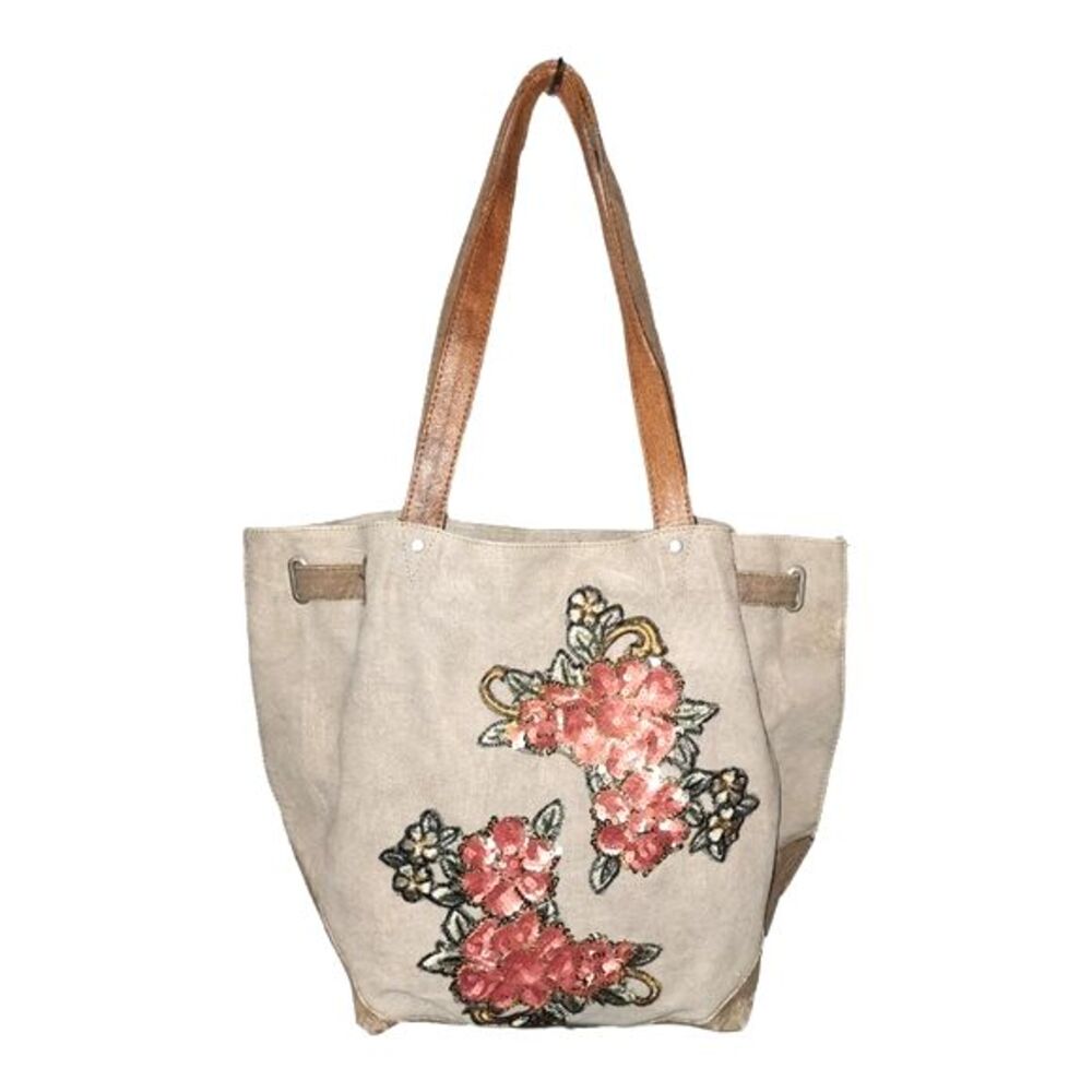 Mona B. Rosabella Upcycled Distressed Leather Trimmed Sequined Tote 17"X14"X6"